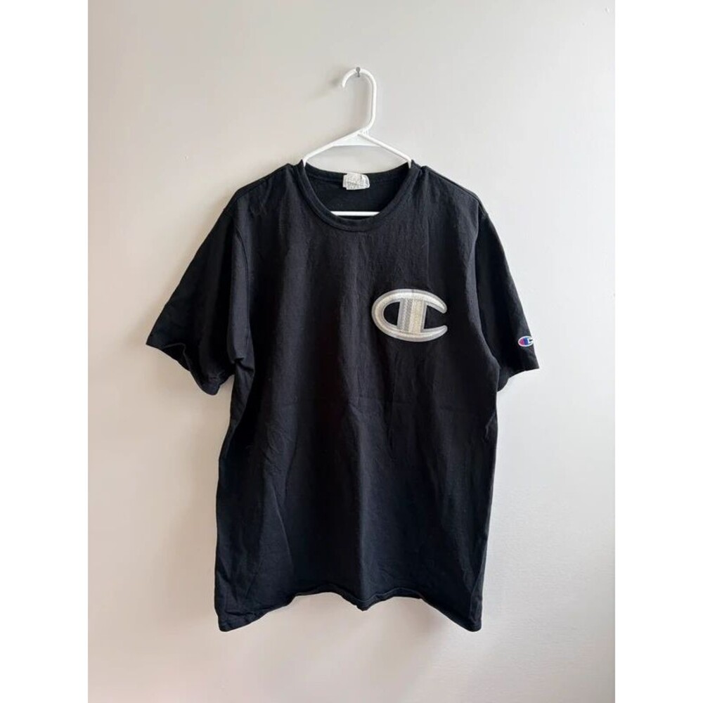 Y2K Champion black heavyweight t-shirt embroidered logo Size XL #streetwear